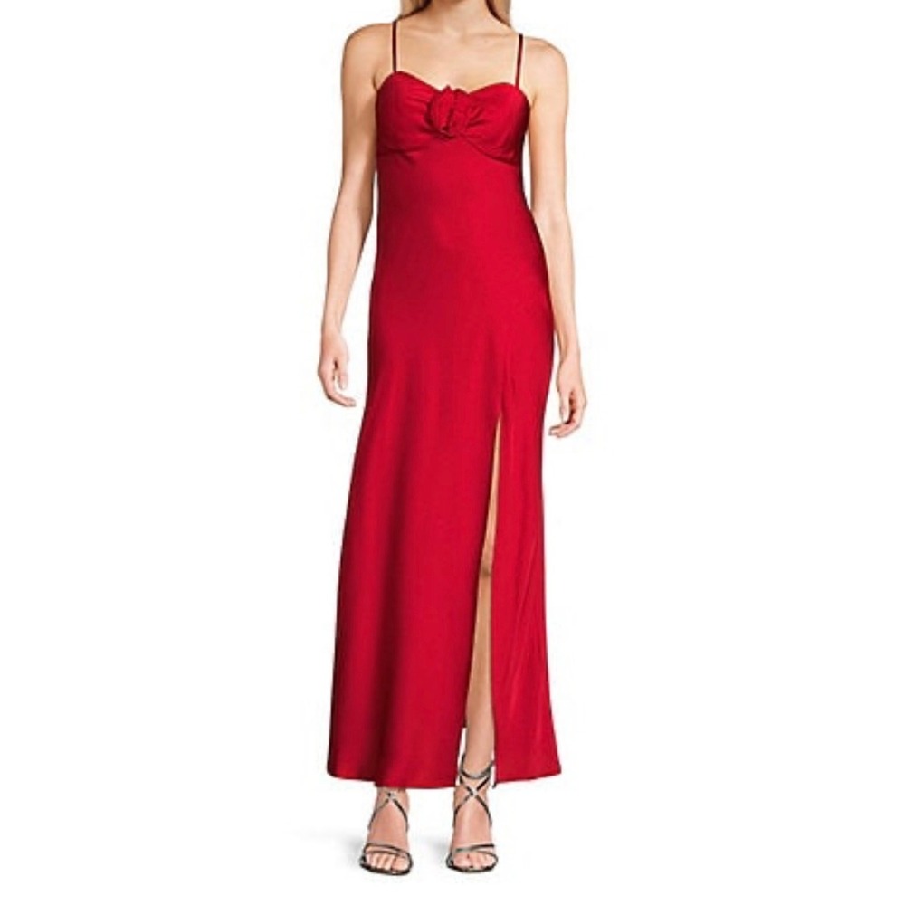 NEXT/UP Red‎ Satin Formal Gown Women's 7/8 Spaghetti Strap Slit Maxi Dress Prom